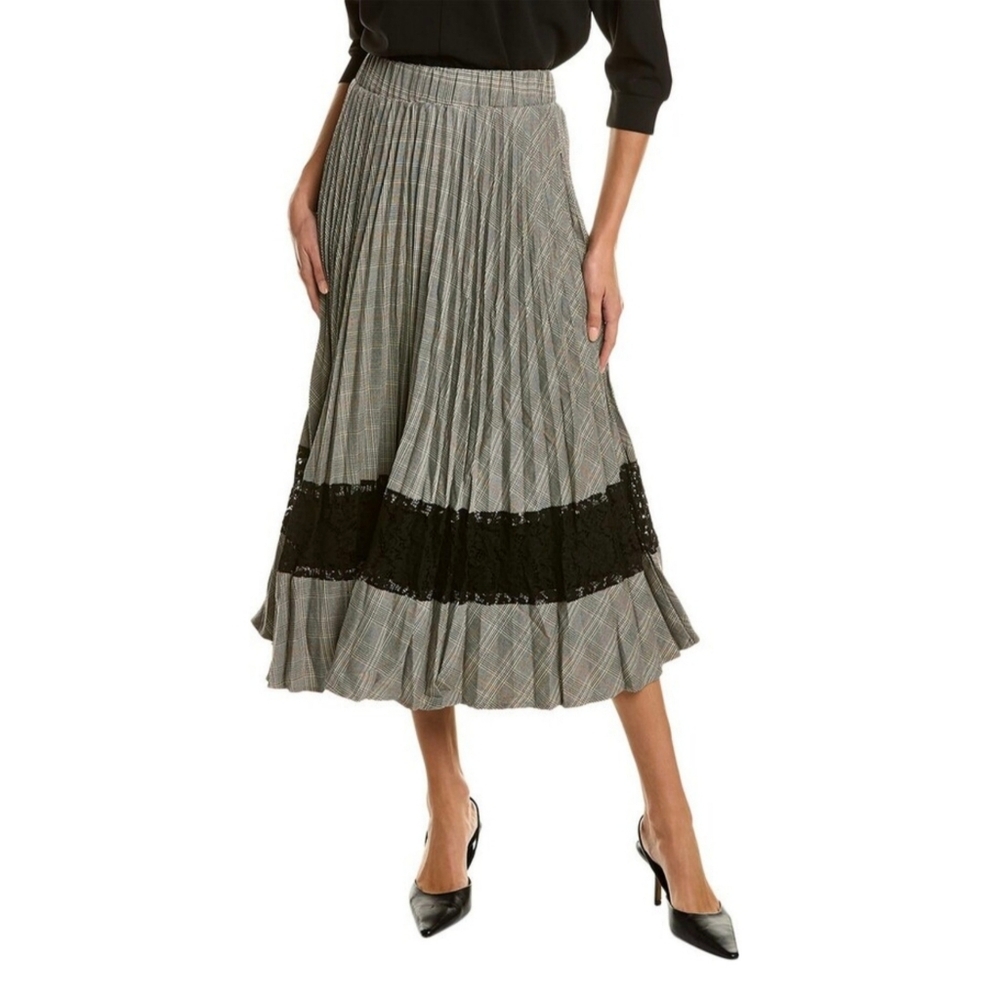 Gracia Pleated Plaid & Lace Skirt